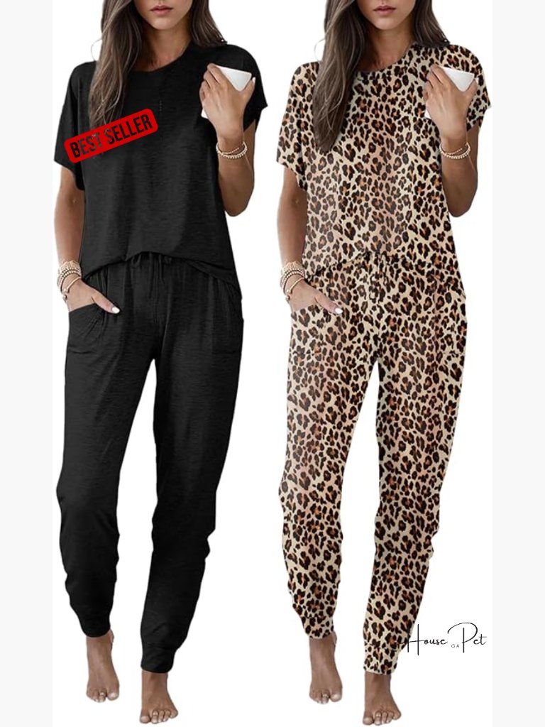 2 Pack Womens Pajama Sets Short Sleeve Jogger Pants Lounge Set Sleepwear